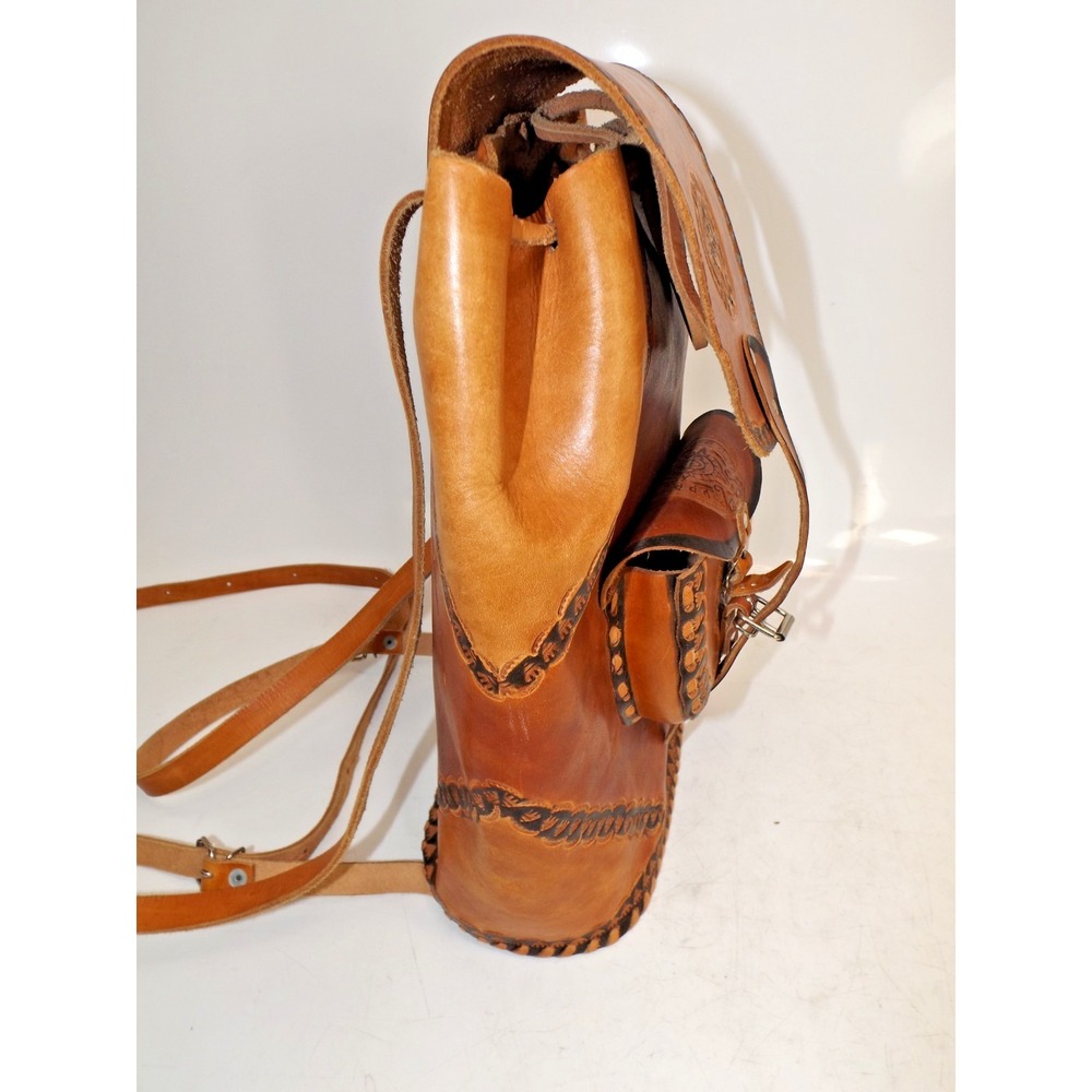 Leather Tooled & Stiched Backpack Purse Aztec design 13 x 9 x 5" - Picture 3 of 16